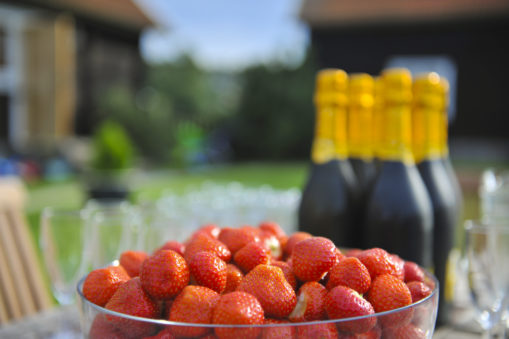 Foto: Stor skål med jordbær og flasker medmussernede drikke i bakgrunnen
