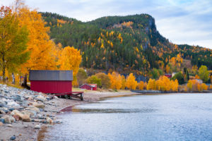 Foto: Høstlanskap - Rødt sjøhus med høstkledd skog i bakgrunnen