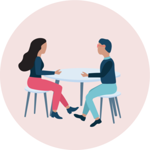 Illustrasjon: Mann og dame sitter ved bord og snakker