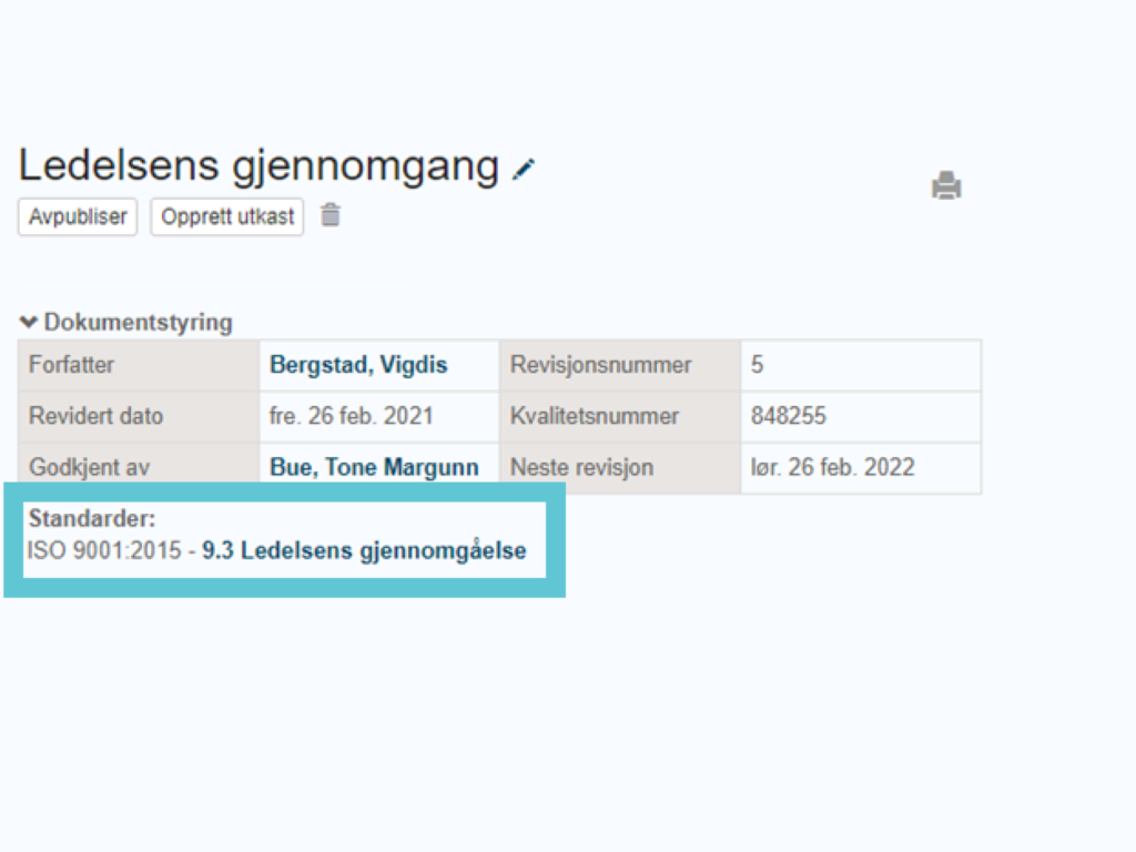 Utdrag fra håndbok som viser sidetittel, revisjoner og direkte lenke til aktuelt punkt i standard. Skjermdump.