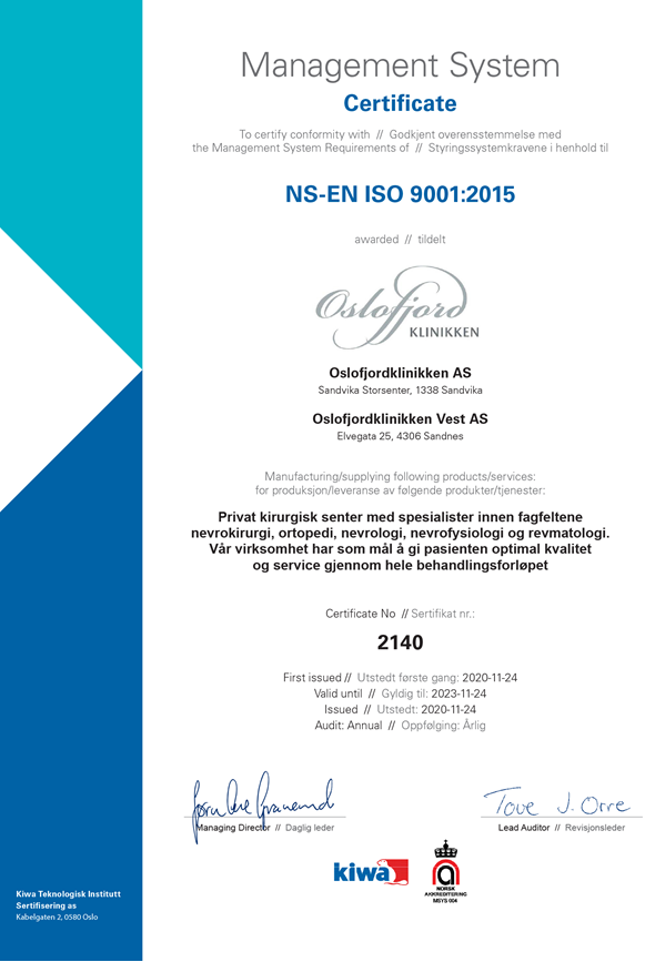 Foto: ISO-sertifikat hos Oslofjordklinikken.